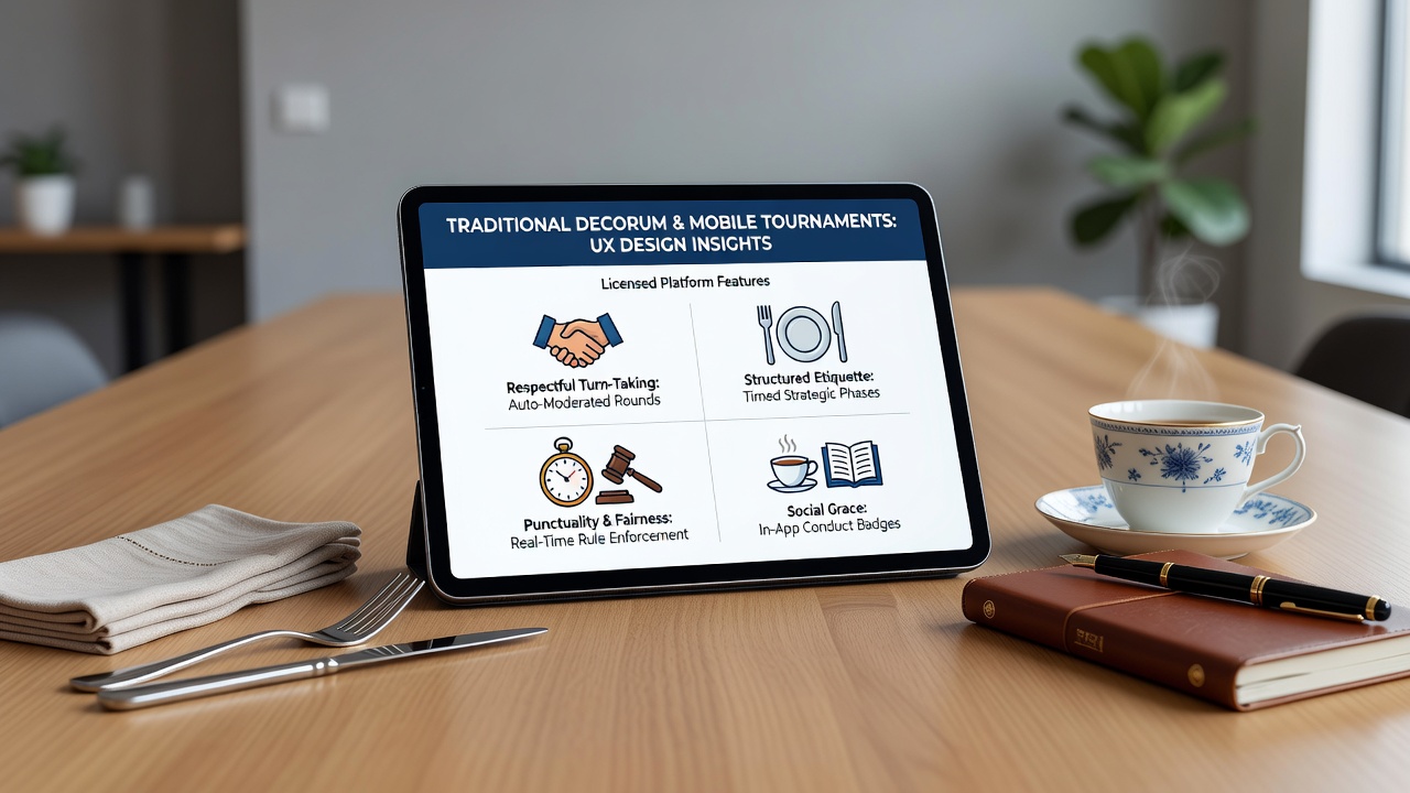 Mobiele app scherm met etiquette-gebaseerde features zoals beleefde chat en respectvolle timers tijdens toernooien
