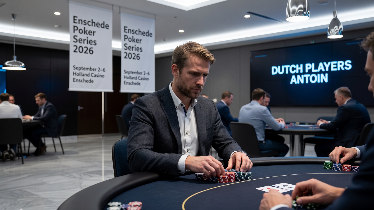 Overzicht van de pokerfinaletafel met chipstacks en spelers in Enschede